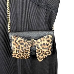 Crossi Small Bag / Crossbody Wallet on a Strap Black & Leopard Print Bow